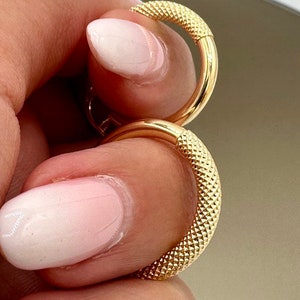 May include: Two gold hoop earrings with a textured surface. The earrings are stacked on top of each other.