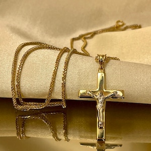 18K Gold Franco Chain Cross Necklace: Handmade Crucifix Pendant