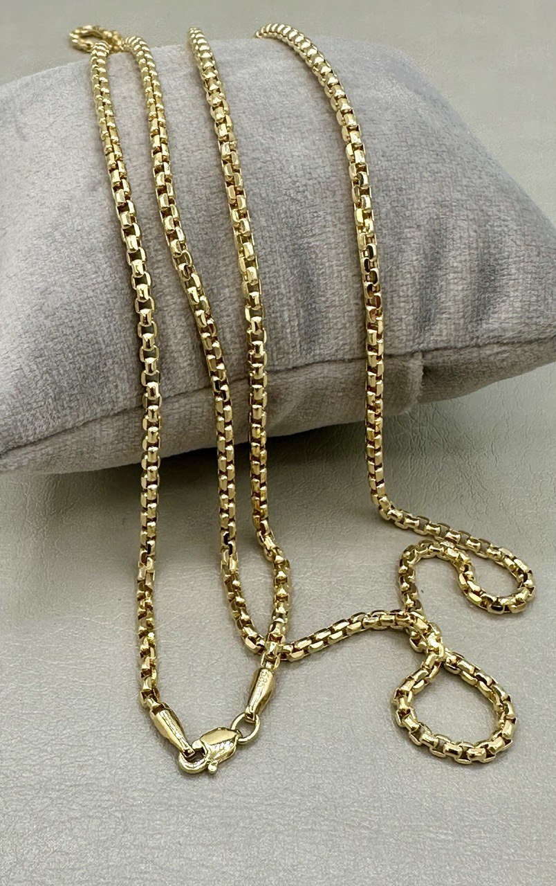 14K Solid Gold Box Chain Necklace: 2.5mm Round Link