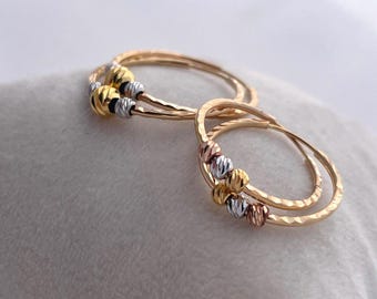 18K Solid Gold Tri-Color Hoop Earrings: Hammered Finish