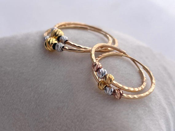 18K Solid Gold Tri-Color Hoop Earrings: Hammered Finish