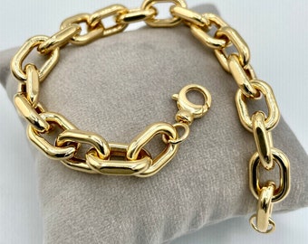 18K Gold Chunky Bracelet Cable,Real 18K gold,Heavy Bracelet Chain Link 18K Gold,9.6mmWidth,Yellow 18K Gold,Birthday Gift,Gift for Men/Women