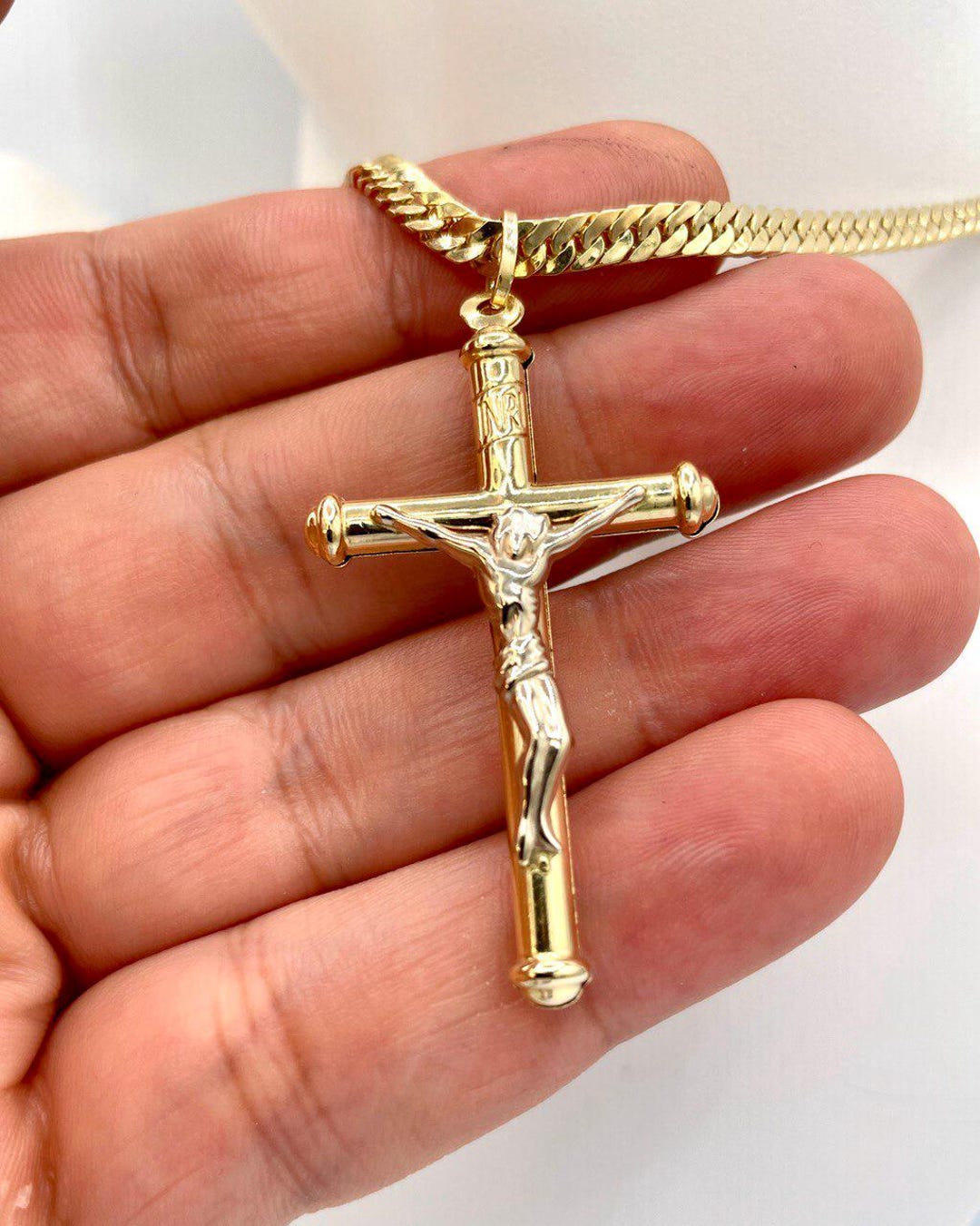 18K Solid Gold Crucifix Cross Necklace Curb Chain Pendant Etsy — free download