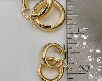 18K Real Gold Chunky Hoop Earrings: Polished Thick Hoops