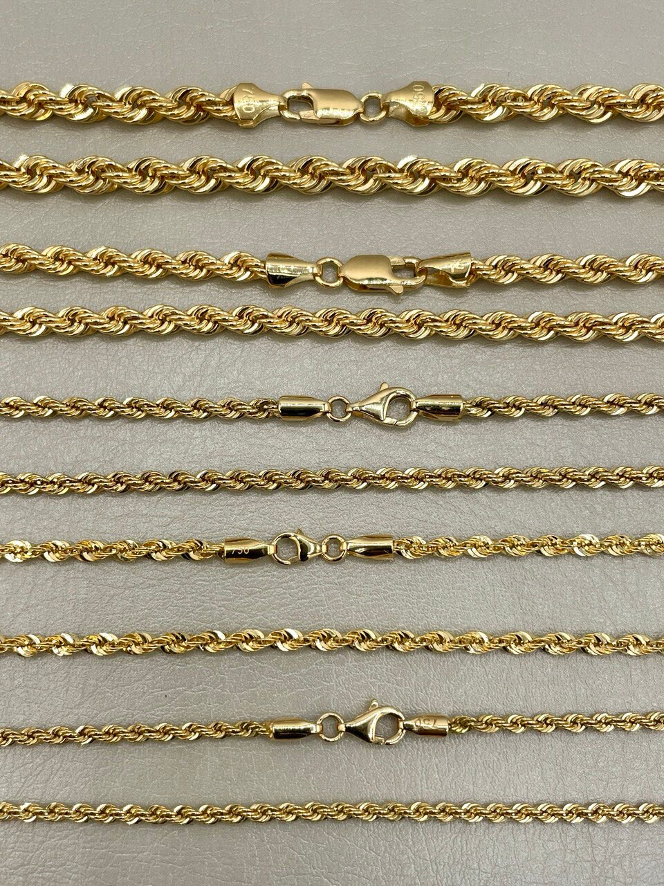 18Kソリッドゴールドロープチェーンネックレス：ダイヤモンドカット