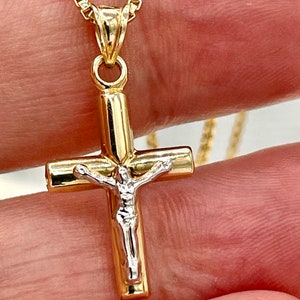 18K Gold Jesus Cross Necklace: Crucifix Pendant, Box Chain