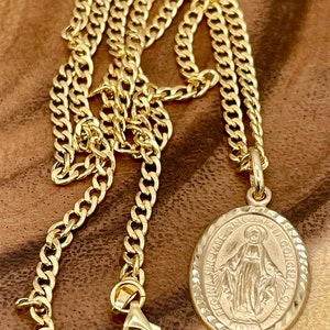 18K Gold Virgin Mary Medal Necklace, 20&quot; Curb Chain