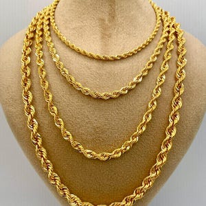 14Kソリッドゴールドロープチェーンネックレス：ダイヤモンドカットイエローゴールド