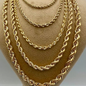 18K Solid Gold Rope Chain Necklace: Diamond-Cut, 2mm-5mm
