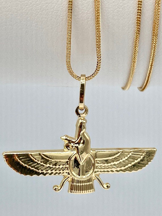 18k Gold Faravahar Necklace: Zoroastrian Symbol Franco Chain - Etsy
