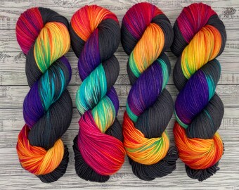DYED TO ORDER - Roller Skating Rink - Hand Dyed Yarn - Superwash Merino Nylon Sock Yarn - Black Rainbow Yarn 90s Yarn - Knit Crochet Gift