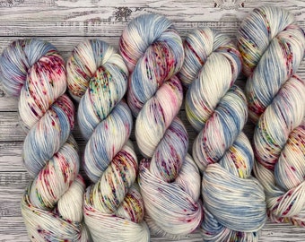 Hints of Spring - Light Blue with Rainbow Speckles - Hand Dyed Yarn - Superwash Merino Nylon - Spring Flowers Yarn - Knit Crochet Gift