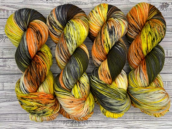 Jack O’Lantern - Halloween Hand Dyed Yarn - Superwash Merino Wool Nylon - Candy Corn Orange Yellow Black Crochet Knit Socks - Spooky Season