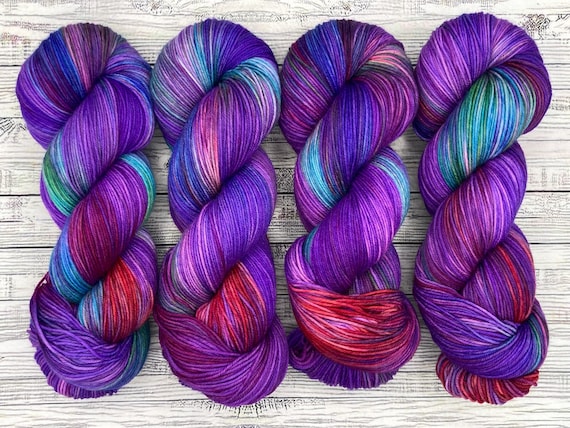 Windbreaker - Hand Dyed Yarn - Superwash Merino Nylon - Blue Purple Pink Green Red - Crochet Knit - 90s Sock Yarn - Purple Colorful Rainbow