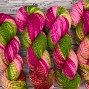 Pink Hawaiian - Pink Green Hand Dyed Yarn - Superwash Merino Wool Nylon - Pink Green Sock Yarn - Tropical Flower - Knit Gift Socks Crochet