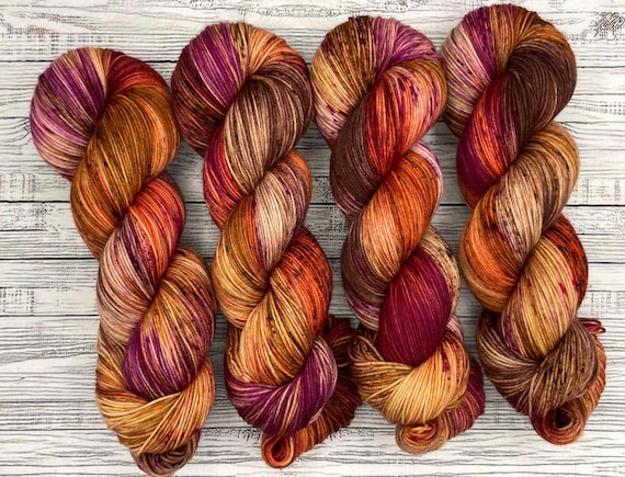 Falling into Autumn - Hand Dyed Sock Yarn - Superwash Merino Wool Nylon - Maroon Orange Golden Brown Berry - Crochet Knit Socks Shawl Hat