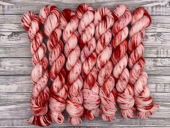 Peppermint Stick Mini Skein - Red White Speckles Yarn - Hand Dyed Yarn - Superwash Merino Nylon - Christmas Holiday Sock Yarn - Knit Gift