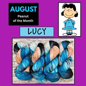 May include: Four skeins of hand-dyed yarn featuring a variegated color palette of bright blue, soft peach, and black speckles. The image includes text reading AUGUST Peanut of the Month LUCY and a cartoon illustration of the character Lucy.
