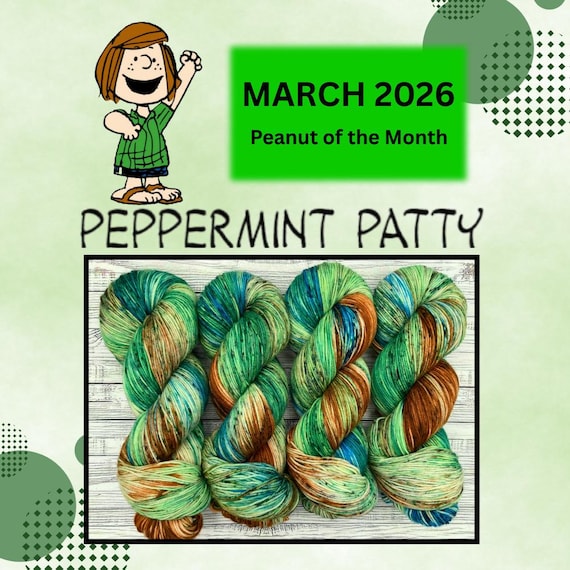 PREORDER - Peppermint Patty March 2026 - Hand-Dyed Superwash Merino Wool Yarn: Spring Green Brown Blue Black Speckes Sock Set