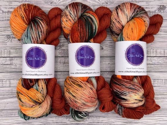 Autumn Melody Sock Set - Fall Hand Dyed Yarn - Superwash Merino Nylon - Pumpkins Birds - Orange Rust Green Black Speckles