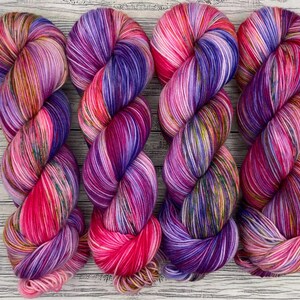 Petunias Hand Dyed Yarn: Purple Blue Pink Superwash Merino Nylon