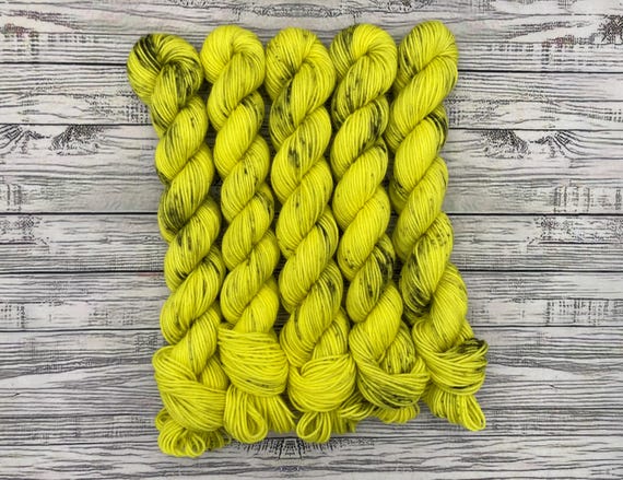 Woodstock - Mini Skein Yellow Black Speckles Sock Skein - Bright Yellow Yarn - Hand Dyed Sock Yarn - Superwash Merino Wool Nylon