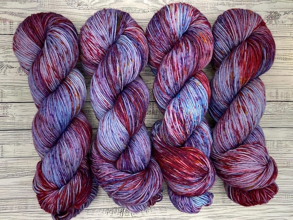 Triple Berry - Summer Knitting Yarn - Hand Dyed Yarn - Superwash Merino Nylon - Periwinkle Blue Purple Red Yellow Speckles Sock Yarn Knit