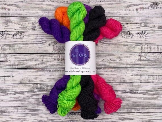 Halloween Mini Skein Set Bundle - Sock Yarn Minis - Hand Dyed Yarn - Fingering Weight - Mini Yarn Skeins - Knit Gift - Sock Knit - Black