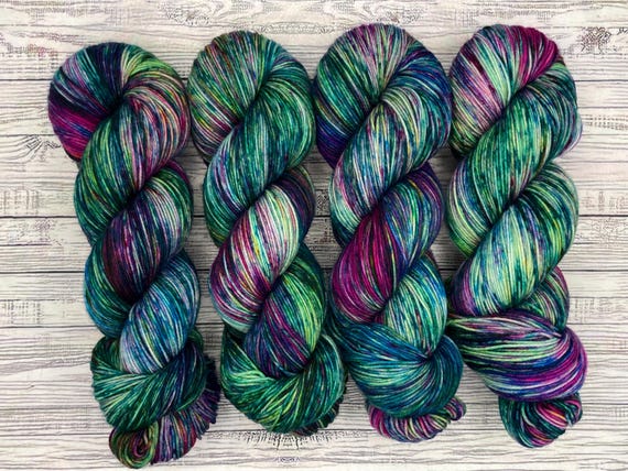 Hummingbirds - Hand Dyed Yarn - Superwash Merino Nylon - Teal Green Magenta Blue Gold Speckles - Sock Yarn - Crochet Gift Knit - Spring Yarn