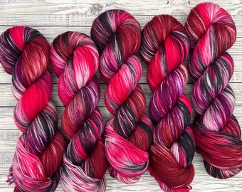 Love Potion - Valentines Day Gift - Hand Dyed Yarn - Superwash Merino Nylon - Pink Red Purple Black Sock Yarn - Yarn for Knit Crochet Gift