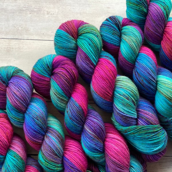 Paradise - Hand Dyed Yarn - Superwash Merino Wool Nylon Sock Yarn - Green Blue Purple Magenta Yarn - Colorful Sock Yarn - Knit Socks - Shawl