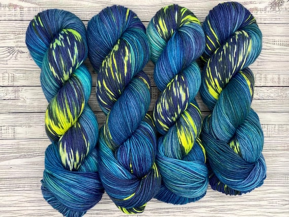 Firefly Lane - Summer Knitting Yarn - Hand Dyed Yarn - Superwash Merino Nylon - Dark Blue Green Fluorescent Yellow - Blue Sock Yarn Knit