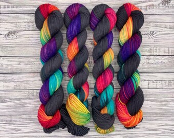 Roller Skating Rink - 90s Black Rainbow - Hand Dyed Yarn - Superwash Merino Nylon - Fluorescent Rainbow Nostalia Yarn - Knit Crochet Gift