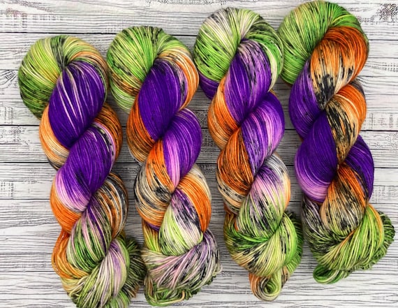 Toil & Trouble: Halloween Hand Dyed Sock Yarn Purple, Orange, Green Superwash Merino Wool
