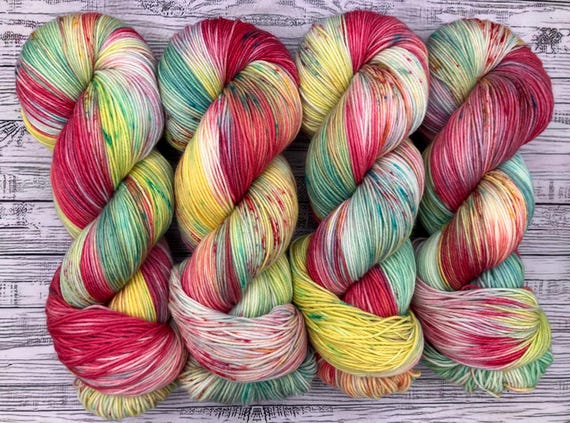 SUNKISSED - May Color of the Month - HandDyed Superwash Merino Wool Yarn Summer Yellow Watermelon Red Aqua Blue Speckles