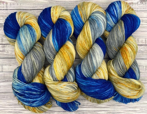 DYED TO ORDER - Lights of Hanukkah - Hand Dyed Sock Yarn - Cobalt Blue Silver Gray Gold Yellow Orange Yarn - Superwash Merino Nylon