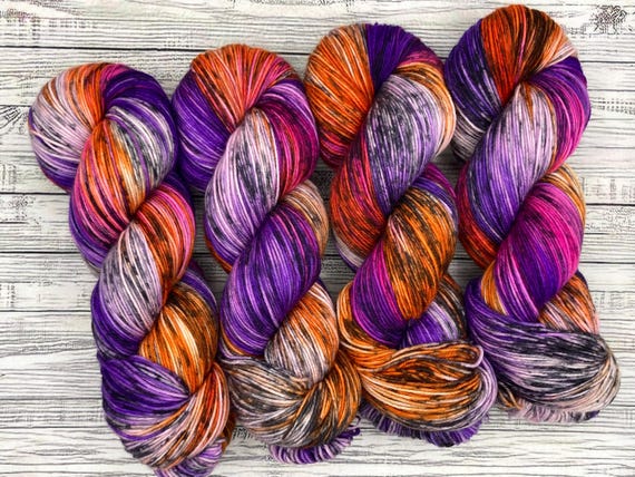 Ghost Party - Halloween Hand Dyed Sock Yarn - Superwash Merino Wool Nylon - Hot Pink Bright Orange Purple Black - Crochet Knit Socks Hat