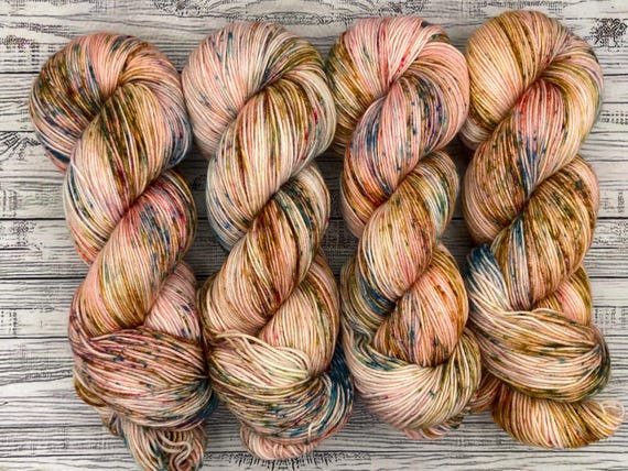 Vintage Floral - Hand Dyed Sock Yarn - Superwash Merino Wool Nylon - Teal Coral Peach Purple Pink Speckles - Yarn Knit Socks Crochet Gift