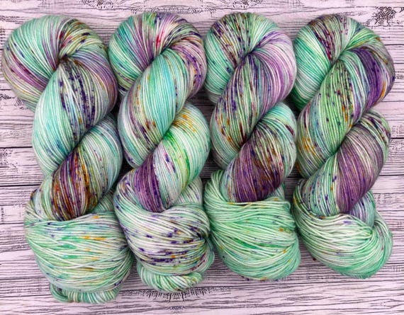 Mint Green Purple One of a kind - Hand Dyed Yarn - Superwash Merino Nylon - Green Purple Speckles - Sock Yarn - Yarn Knit Crochet Gift