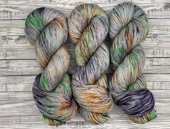 Haunted - Hand Dyed Yarn - Superwash Merino - Fingering Weight - Halloween Yarn - Gray Orange Purple Green Yarn - Knit Crochet