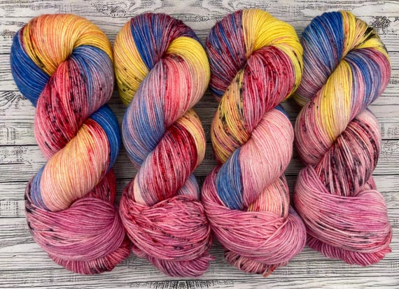 Sally February 2026 - Hand-Dyed Superwash Merino Wool Yarn: Pink Yellow Red Blue Black Speckes Mini Skein Sock Set