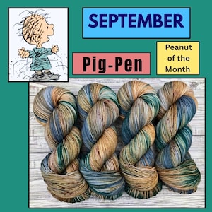 May include: Four skeins of hand-dyed yarn featuring a variegated color palette of earthy brown, muted blue, and deep forest green tones. The image includes a graphic of the Peanuts character Pig-Pen with the text SEPTEMBER, Pig-Pen, and Peanut of the Month.