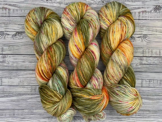 OOAK Flower Garden - Sock DK -Sage Green Gold Speckles Pink Yarn - Spring Hand Dyed Yarn - Knit Crochet Gift - Superwash Merino Nylon