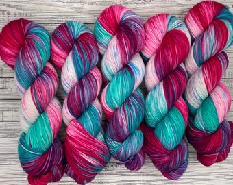 Back to the 90s - Hand Dyed Yarn - Superwash Merino Nylon - Aqua Purple Fuchsia Teal 90s Nostalia Yarn - Knit Crochet Gift