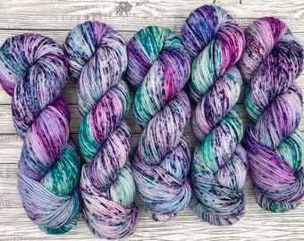 DYED TO ORDER - Dancing Violets - Speckled Hand Dyed Yarn - Superwash Merino Nylon - Purple Teal Berry Blue - Crochet Gift for Sock Knitter