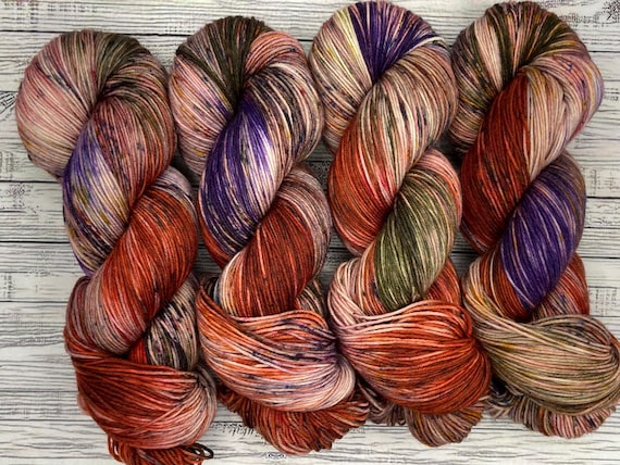Mushroom Forest - Hand Dyed Sock Yarn - Superwash Merino Wool Nylon - Rust Maive Olive Green Purple Speckles Yarn - Fall Yarn for Sock Knit