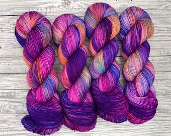 Masquerade - Hand Dyed Sock Yarn - Superwash Merino Nylon - Purple Fuschia Orange Blue Yarn - Knit Crochet Gift - Gift for Sock Knitter