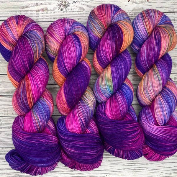 Masquerade - Hand Dyed Sock Yarn - Superwash Merino Nylon - Purple Fuschia Orange Blue Yarn - Knit Crochet Gift - Gift for Sock Knitter