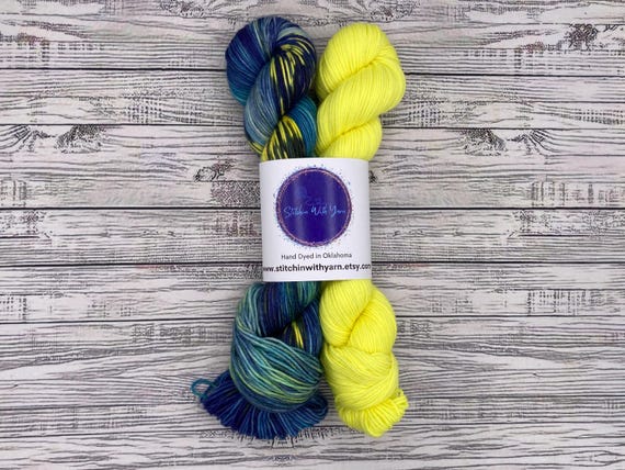 Firefly Lane 50g Set - Summer Knitting Yarn - Hand Dyed Yarn - Superwash Merino Nylon - Blue Green Fluorescent Yellow - Blue Sock Yarn Knit