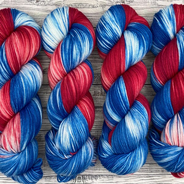 Old Glory - Red White and Blue Sock Yarn - American Flag Yarn - Hand Dyed Yarn - Superwash Merino Nylon - Memorial Day Sock Yarn - Knit Gift